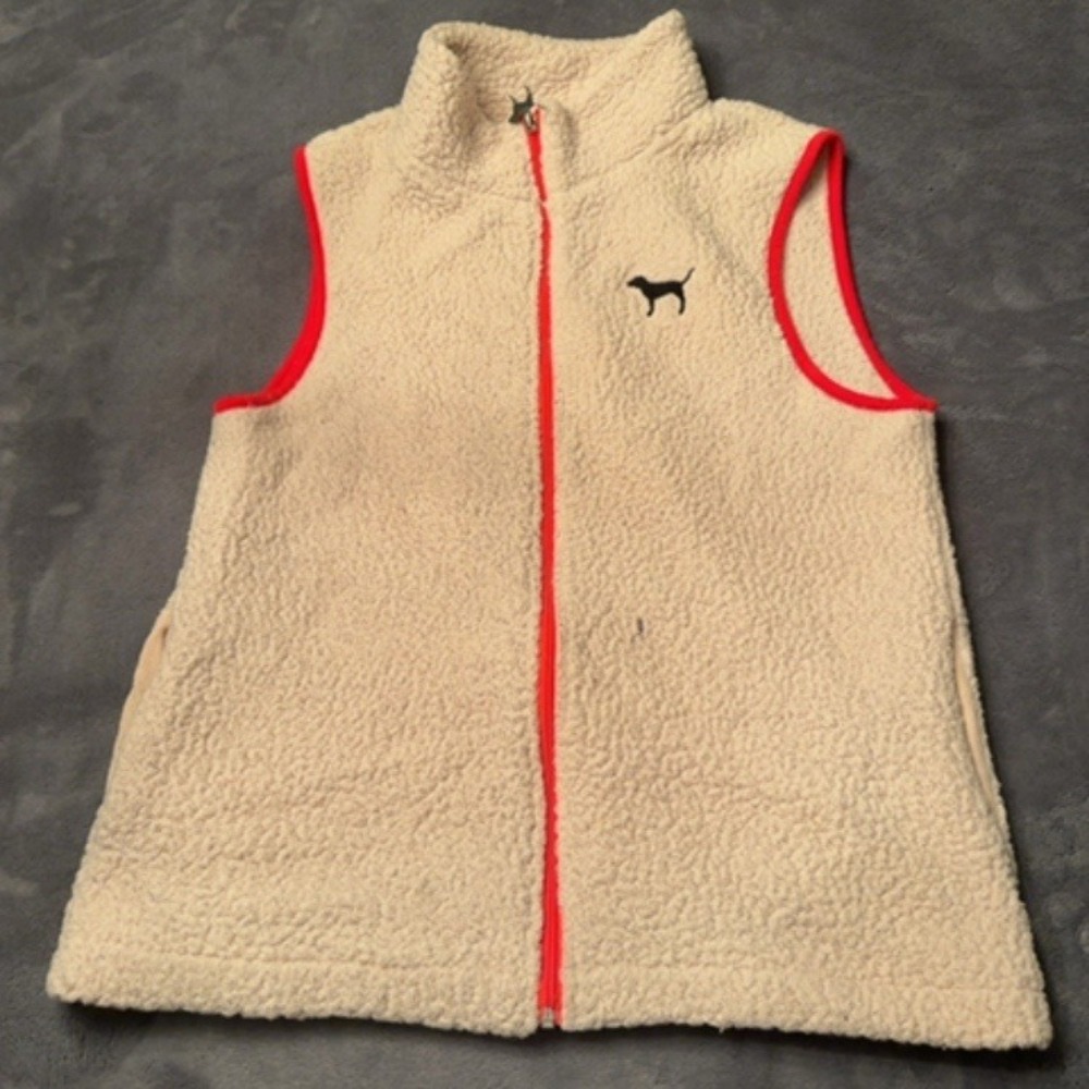 PINK Victoria Secret Vest Women Medium Beige Sherpa Full Zip Logo Casual Layer